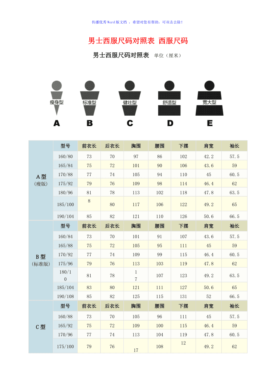 男士西服尺寸对照表 3页 ..男士西服尺寸对照表Q