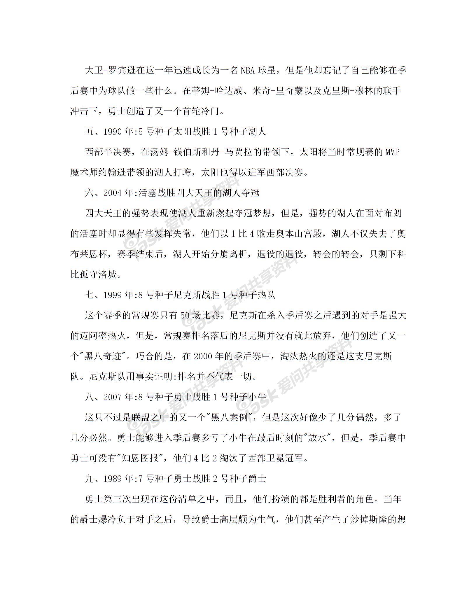 转 回顾NBA季后赛历史上十大冷门 转回顾NBA季后赛历史上十大冷门体坛